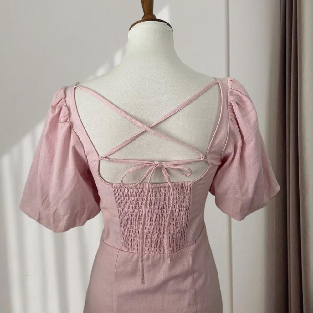 NWT H&M Pink Linen Blend Puff Sleeve Lace Up Back Mini Dress Cottagecore - Picture 2 of 8